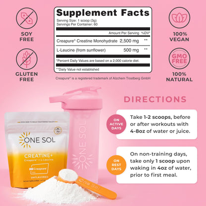 One Sol Creatine for Women, All Natural Women’s Creatine Powder w Creapure & Leucine, Increase Lean Muscle Mass, Reduce Recovery Time, Promotes Brain & Bone Health (Unflavored, 60 Servings) One SolBuy Supplements Australia