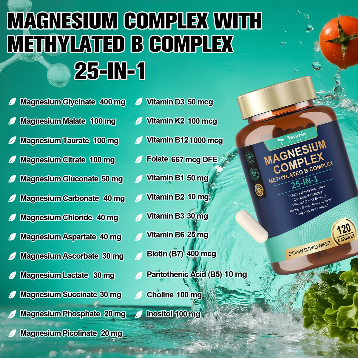 25-in-1 Magnesium Complex with Methylated B Complex Magnesium Glycinate Citrate Malate Taurate Gluconate Aspartate Carbonate D3 K2, Magnesium Supplement