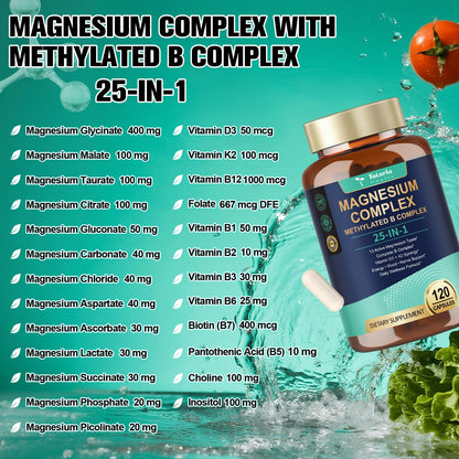 25-in-1 Magnesium Complex with Methylated B Complex Magnesium Glycinate Citrate Malate Taurate Gluconate Aspartate Carbonate D3 K2, Magnesium Supplement