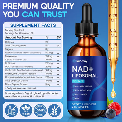 Liposomal NAD Liquid Supplement - 1500mg NAD+ Drops for Women & Men with Resveratrol & Nicotinamide Riboside, PQQ, Collagen & Turmeric for Anti-Aging & Longevity, Cellular Energy Health, 2 Fl Oz loiomayBuy Supplements Australia