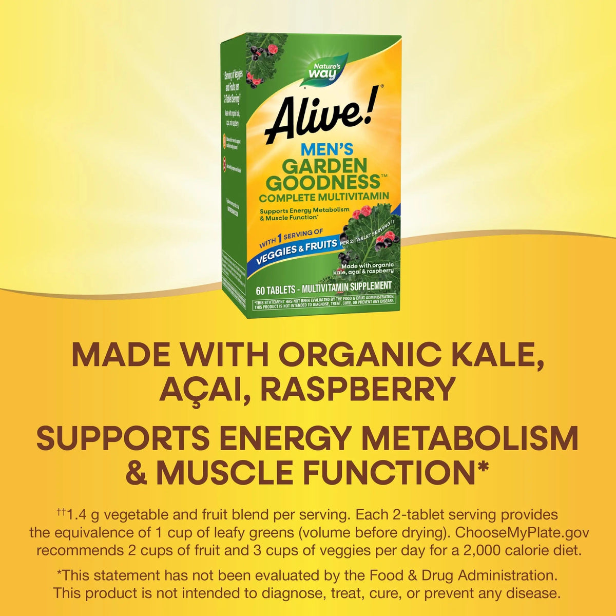 Nature's Way Alive! Garden Goodness Men's Multivitamin, Veggie & Fruit Blend (1400mg per serving), Made with Organic Kale, 60 Count Nature's Way