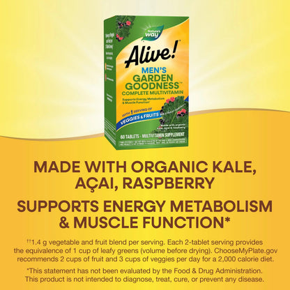 Nature's Way Alive! Garden Goodness Men's Multivitamin, Veggie & Fruit Blend (1400mg per serving), Made with Organic Kale, 60 Count Nature's Way