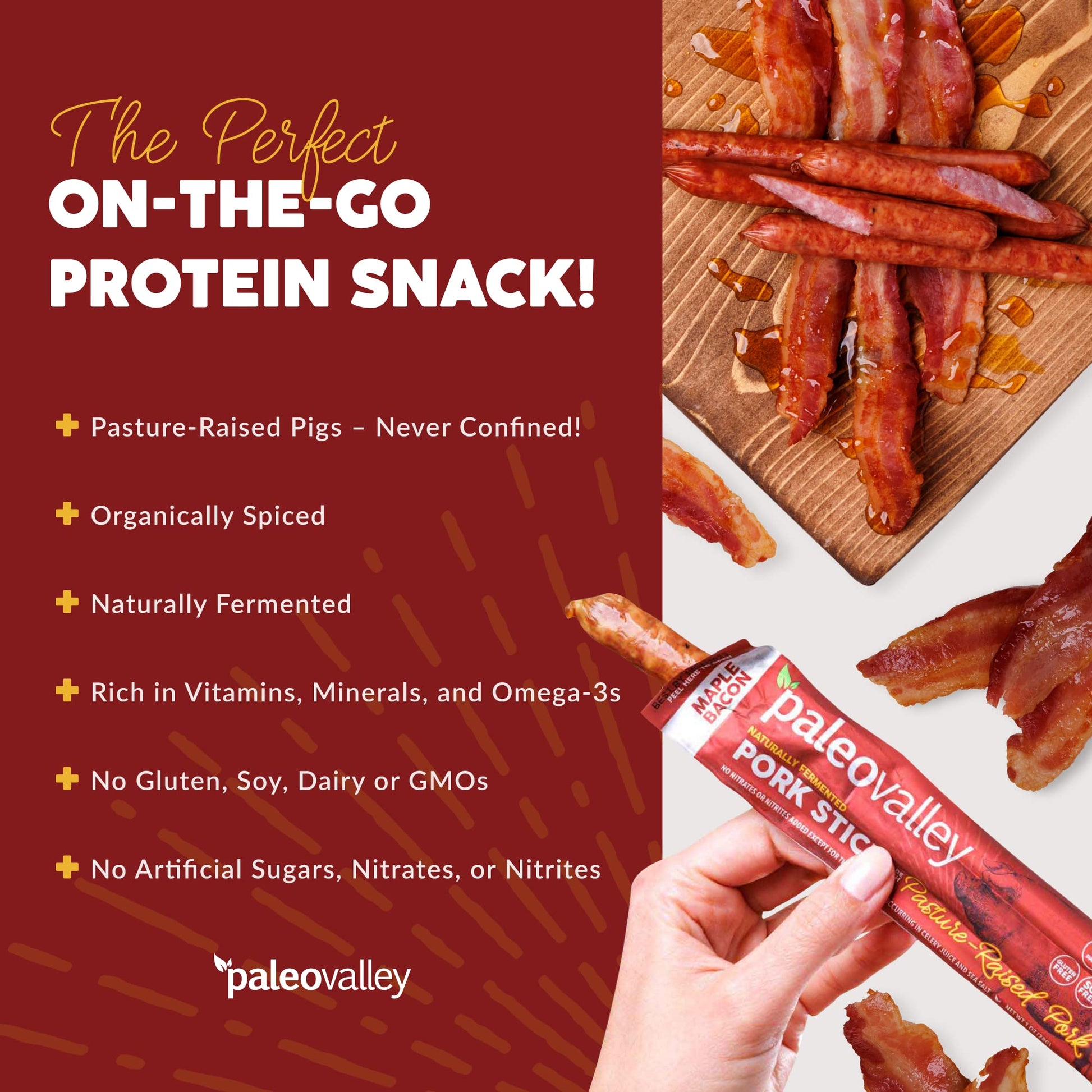 Paleovalley Pasture-Raised Pork Sticks - Maple Bacon Flavor Meat Sticks Individually Wrapped, 28g - 10 Sticks - Gluten-Free Protein Snack PaleovalleyBuy Supplements Australia