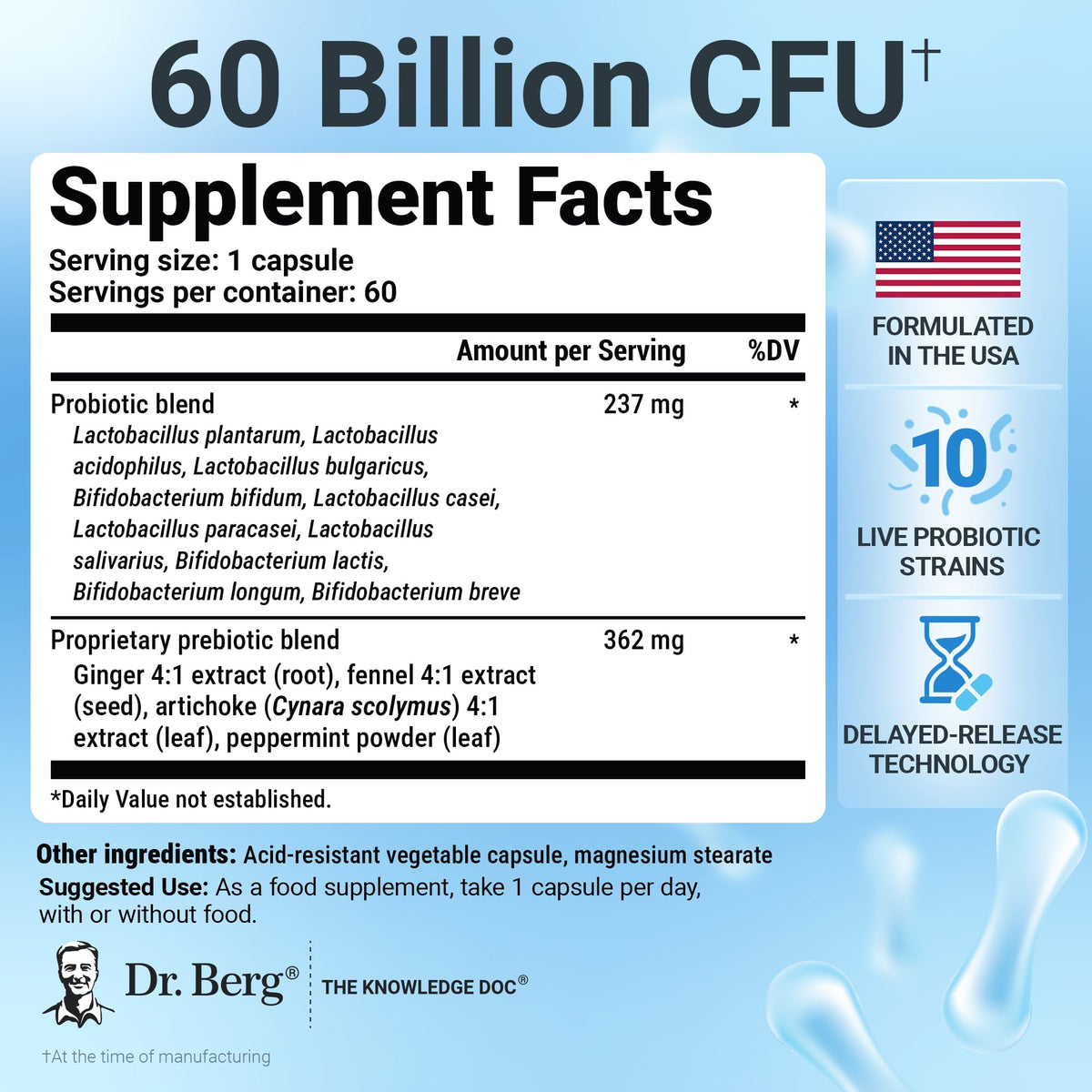 Dr. Berg Probiotic Supplement (60 Billion CFUs) - Helps Ease Occasional Constipation, Diarrhea, Gas & Bloating* - Pre and Probiotics for Digestive Health