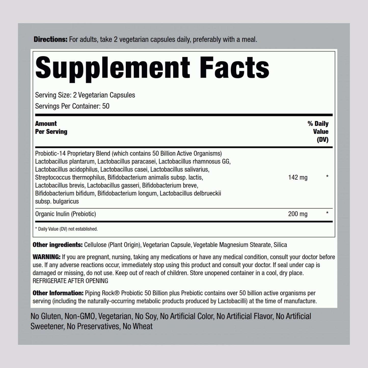 Piping Rock Probiotic and Prebiotic for Women and Men | 50 Billion CFU | 100 Capsules | Ultimate 14 Strain Supplement | Vegetarian, Non-GMO, Gluten Free