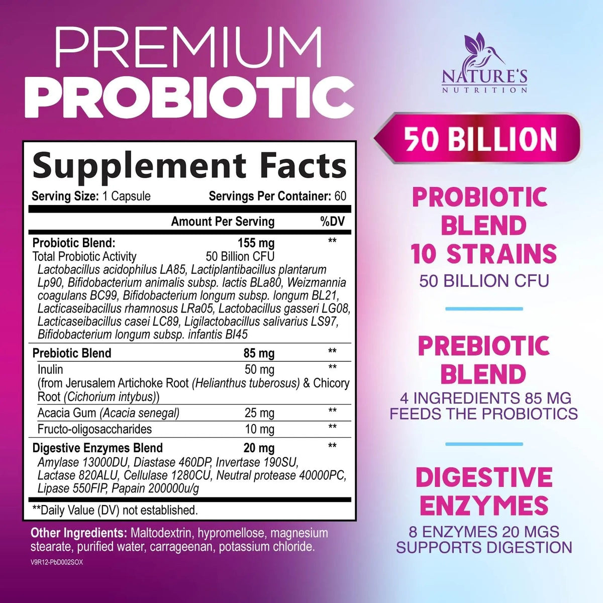 Probiotics 50 Billion CFU per Serving - 10 Strains + Prebiotics - Digestive Health, Gut & Immune Support - Supports Occasional Constipation, Gas & Bloating for Women & Men Shelf Stable - 60 Capsules Nature's NutritionBuy Supplements Australia