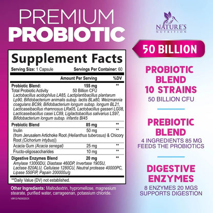 Probiotics 50 Billion CFU per Serving - 10 Strains + Prebiotics - Digestive Health, Gut & Immune Support - Supports Occasional Constipation, Gas & Bloating for Women & Men Shelf Stable - 60 Capsules Nature's NutritionBuy Supplements Australia