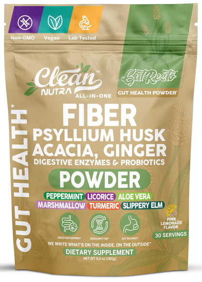 GutResto Fiber Supplement Psyllium Husk Powder Probiotic Gut Health Digestive Enzymes Prebiotic L-Glutamine Slippery Elm Aloe Vera Marshmallow Root Turmeric Ginger