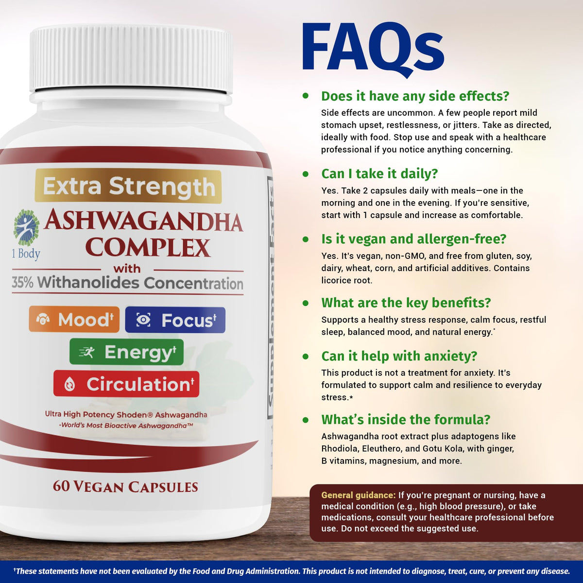 Ashwagandha Complex Adrenal Support Supplement for Stress Relief, Cortisol Balance, Energy & Focus, Mood Support, 35% Withanolides, 60 Vegan Capsules 1 BodyBuy Supplements Australia