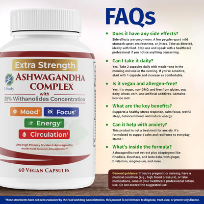 Ashwagandha Complex Adrenal Support Supplement for Stress Relief, Cortisol Balance, Energy & Focus, Mood Support, 35% Withanolides, 60 Vegan Capsules 1 BodyBuy Supplements Australia