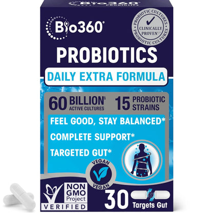 Extra Strength Probiotic for Digestive Health and Immune Support, 60 Billion CFU & 15 Strains, Gut Health Probiotics for Men and Women Supports Occasional Constipation, Diarrhea, Gas & Bloating, 30CT Bio360Buy Supplements Australia