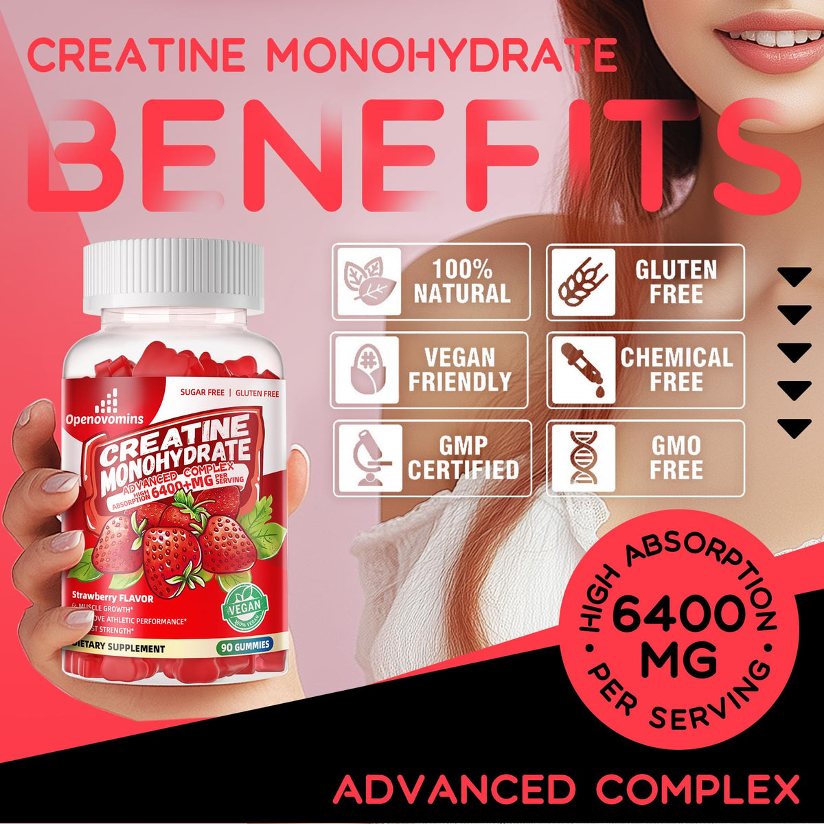 Creatine Monohydrate Gummies Complex for Men & Women -Advanced Formula W/L-Taurine + Vitamin B12, Sugar Free Chewable Supplement,90 Strawberry Gummies OpenovominsBuy Supplements Australia