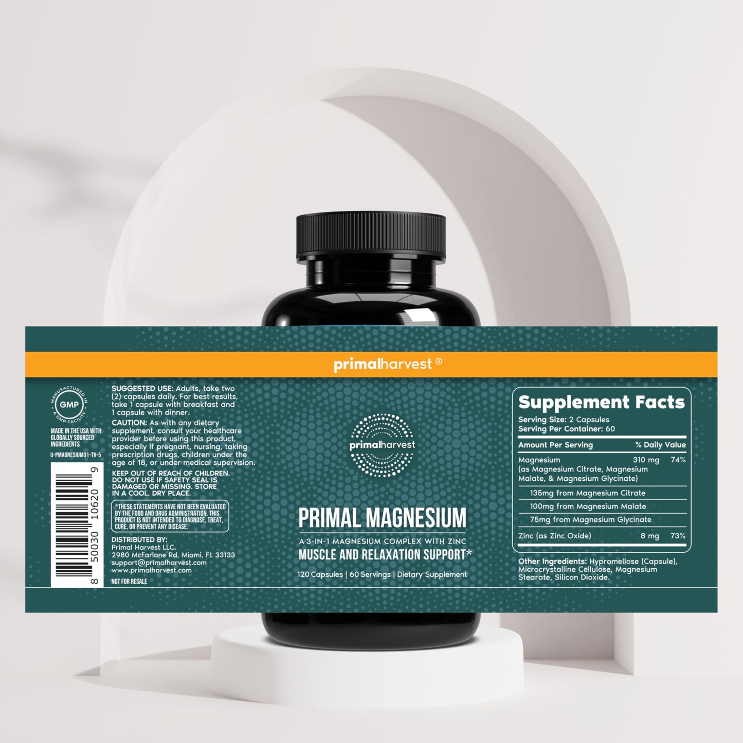 Magnesium Supplement Complex 310mg by Primal Harvest with Magnesium Glycinate, Citrate, Malate, and Zinc 120 Capsules Primal Harvest canada supplements