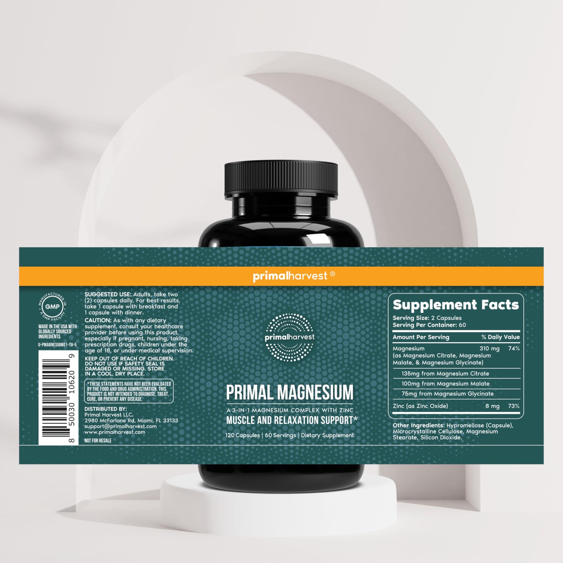 Magnesium Supplement Complex 310mg by Primal Harvest with Magnesium Glycinate, Citrate, Malate, and Zinc 120 Capsules Primal Harvest canada supplements