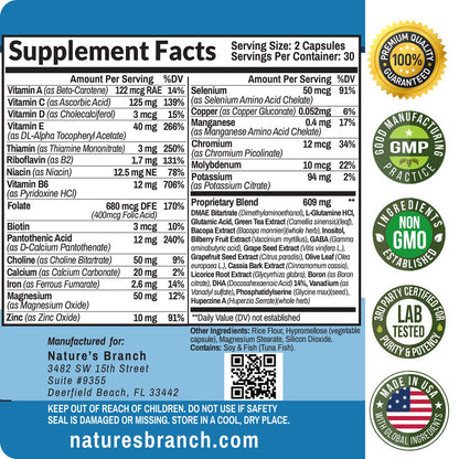 40-in-1 Brain Booster Supplement for Focus, Memory, Clarity, Energy | Advanced Vitamins Plus eBook | for Men & Women, Cognitive Function Nootropic Support with DMAE, Mind Health Formula | 60 Capsules NATURE'S BRANCHBuy Supplements Australia