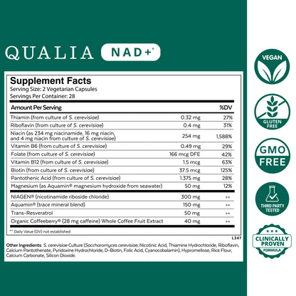 Qualia NAD Supplement — Clinically Proven to Boost NAD+ up to 67%. Optimized Aging, Energy, Focus. Elite NAD+ Booster Ingredients Nicotinamide Riboside (NIAGEN), Niacin, Niacinamide (1 Month Supply) QUALIA LIFE SCIENCESBuy Supplements Australia