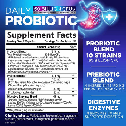 Probiotics 60 Billion CFU - 10 Strains + Digestive Enzymes & Prebiotics - Best Probiotic for Women & Men, Supports Immune, Gut Health, Occasional Constipation, Diarrhea, Gas & Bloating - 60 Capsules Nature's PeakBuy Supplements Australia