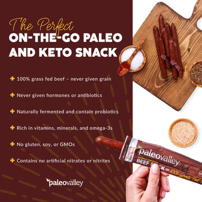 Paleovalley 100% Grass Fed Summer Sausage Beef Sticks - Delicious Gluten Free Beef Snack - High Protein Keto Friendly PaleovalleyBuy Supplements Australia