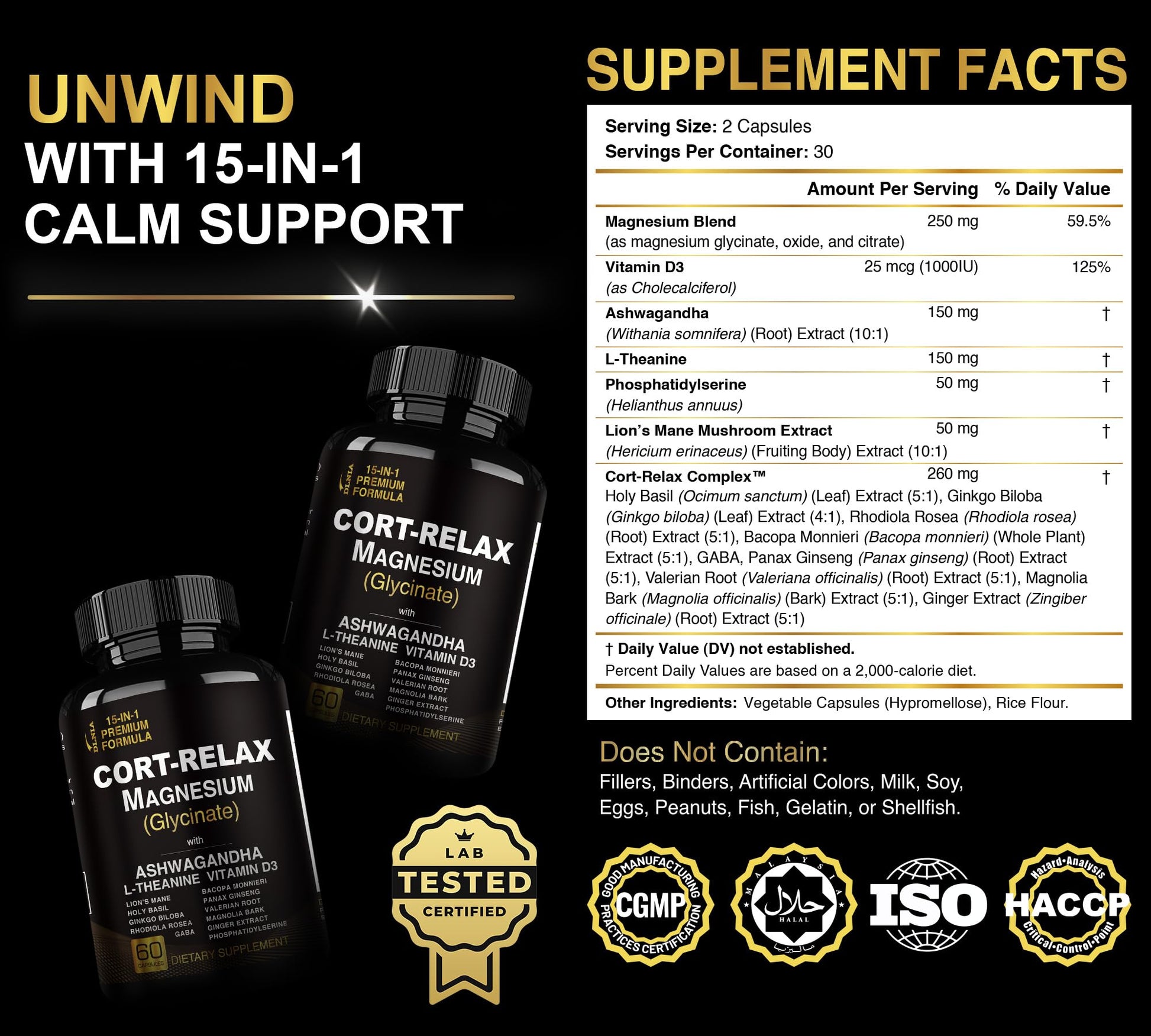 Super Calm Cortisol Supplements for Women & Men with Magnesium Glycinate, Ashwagandha, L-Theanine, Phosphatidylserine, Ginkgo & Lions Mane for Calm, Focus, Mental Clarity, Relaxation, Sleep, Energy DLNIABuy Supplements Australia