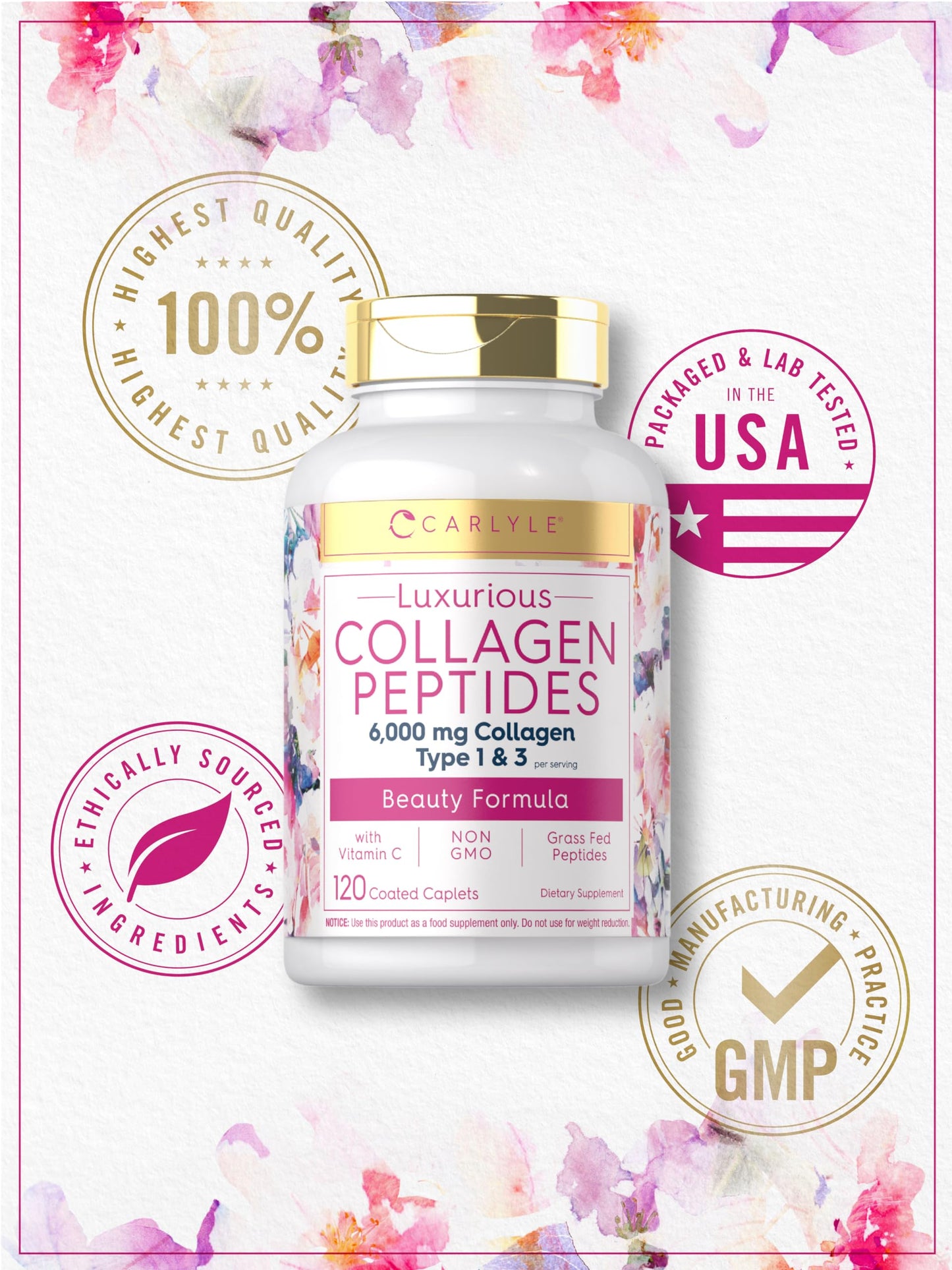 Carlyle Collagen Peptides with Vitamin C | 6000mg | 120 Caplets | Grass Fed Type II & III | Beauty Formula | Non-GMO, Gluten Free Supplement