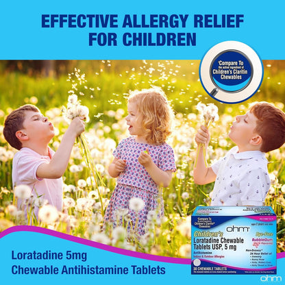 Ohm Children's Allergy Medicine, Loratadine 5mg, Chewable Tablets (30 Count) Bubblegum Flavor, Non-Drowsy Antihistamine, 24-Hour Allergy Relief for Runny Nose, Watery Eyes, Itchy Throat & Nose Ohm buy supplements Au