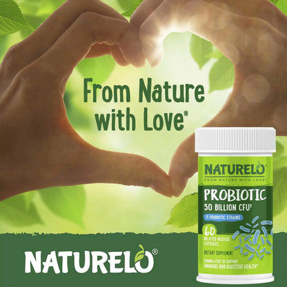 NATURELO Probiotics for Digestive Health, 50 Billion CFU, 60 Vegetarian Capsules, 11 Strains, Daily Use Supplement, Delayed Release, No-Fridge, Boosts Immune System, Probiotics for Women & Men NATURELOBuy Supplements Australia