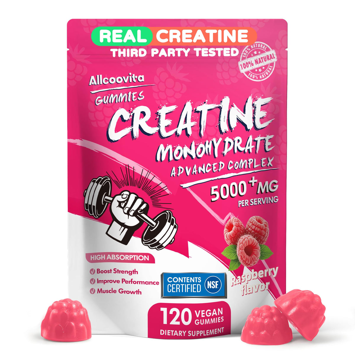 NSF Certified Creatine Gummy - Creatine Monohydrate Gummies 5000mg for Men & Women -120 Gummies Advanced Formula, Muscle Strength, Muscle Builder, Energy Boost, Pre-Workout Supplement-Raspberry AllcoovitaBuy Supplements Australia