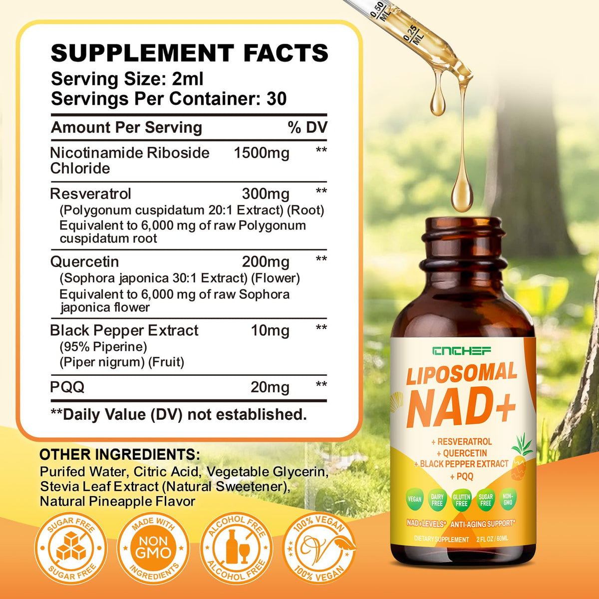 CNCHEF Liposomal NAD Supplement - 1500mg NAD+ Liquid Drop for Women & Men Nicotinamide Riboside Chloride & Resveratrol Complex - Cellular Renewal, Anti-Aging Support - 30 Servings (2 fl oz) CNCHEFBuy Supplements Australia