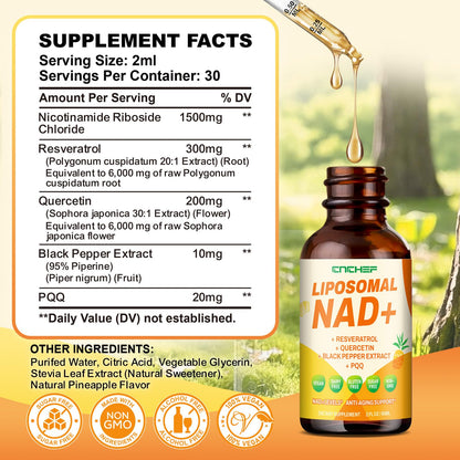 CNCHEF Liposomal NAD Supplement - 1500mg NAD+ Liquid Drop for Women & Men Nicotinamide Riboside Chloride & Resveratrol Complex - Cellular Renewal, Anti-Aging Support - 30 Servings (2 fl oz) CNCHEFBuy Supplements Australia