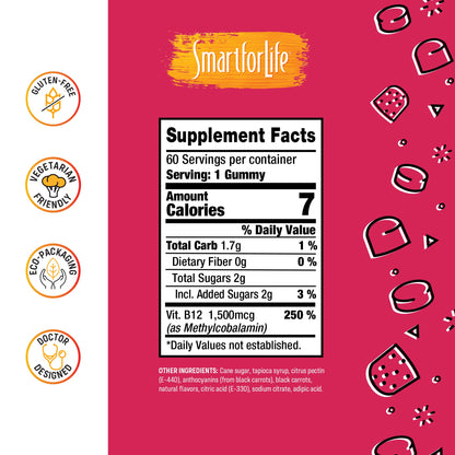 B12 Gummy Vitamins - 1500 mcg Vitamin B12 Gummies for Adults and Kids - Helps with Energy, Metabolism, Bone Nervous System Support Smart for LifeBuy Supplements Australia