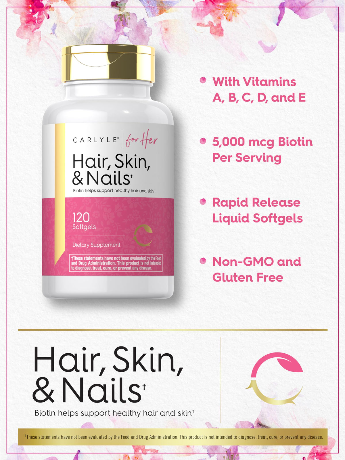 Carlyle Hair Skin and Nails Vitamin | 120 Softgels | Beauty Formula Supplement | with Biotin and Collagen Zinc, Vitamin A, B6, C & E | Non-GMO, Gluten Free Carlyle buy supplements Au