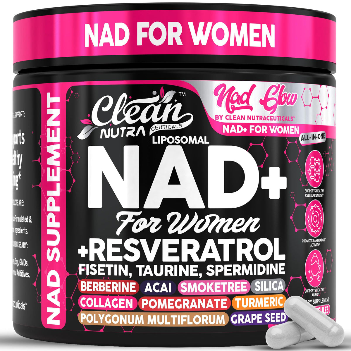 Supplement container for women with pink and black design, featuring 'Clean Nutra' brand.