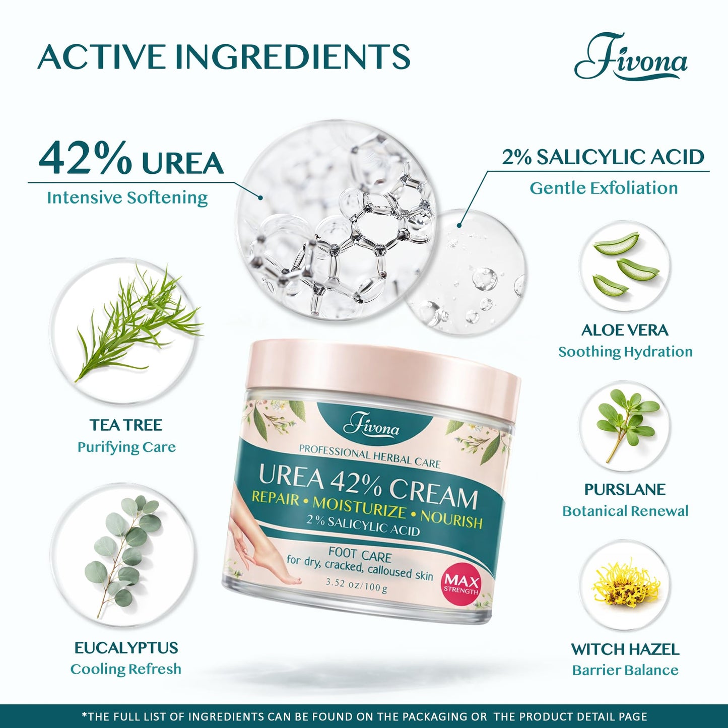 FIVONA 42% Urea Foot Cream for Thick, Rough Dry Skin - Maximum Strength Callus Softening with 2% Salicylic Acid, Tea Tree & Aloe Vera, 100g (3.5 oz) - Deep Moisturizing Foot Care FIVONA buy supplements Au