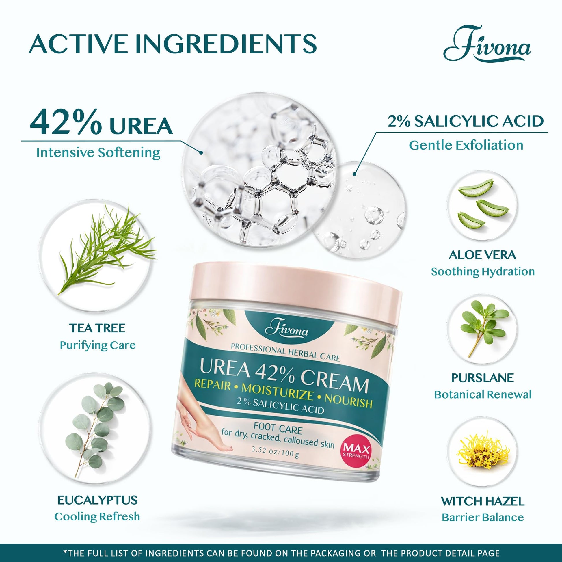 FIVONA 42% Urea Foot Cream for Thick, Rough Dry Skin - Maximum Strength Callus Softening with 2% Salicylic Acid, Tea Tree & Aloe Vera, 100g (3.5 oz) - Deep Moisturizing Foot Care FIVONA buy supplements Au
