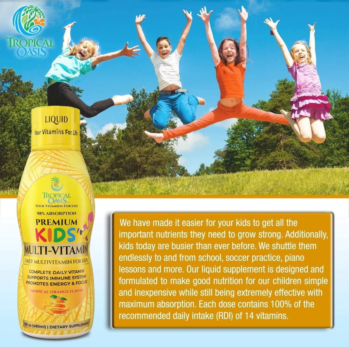 Premium Liquid Multivitamin For Kids | Sugar Free Kids Vitamins | 100% DV of 14 Vitamins for Kids | Multivitamin for Children Ages 4+ | Tropical OasisBuy Supplements Australia