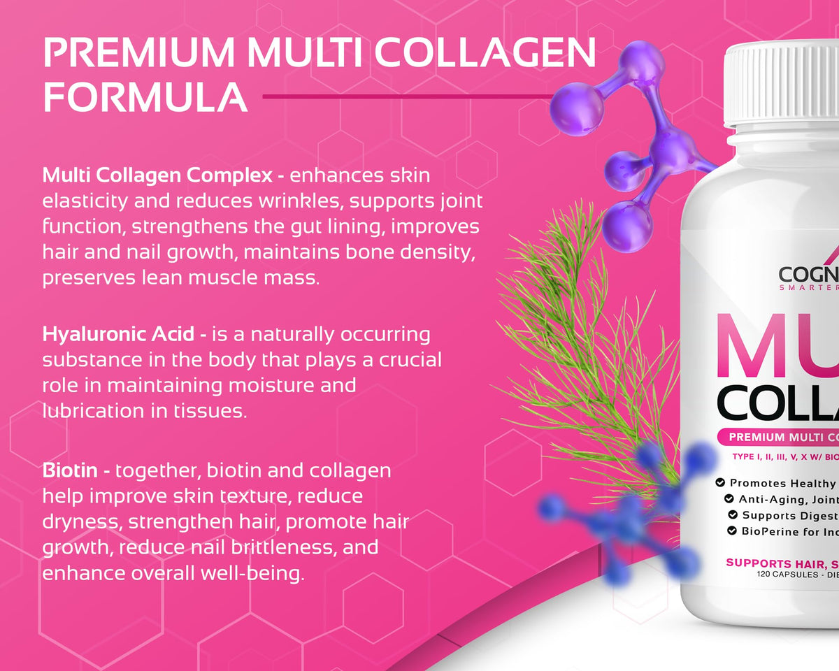 CogniTune Multi Collagen Peptides for Women with Biotin, Hyaluronic Acid, Vitamin C - 5 Types I II III V X Colageno Hidrolizado - 2000mg Hair Skin Nails Joints Support - 120 Capsules CogniTuneBuy Supplements Australia