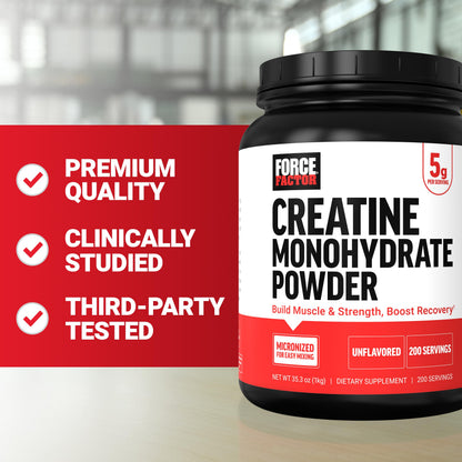 Force Factor Creatine Monohydrate Powder, 5g Micronized Dose to Support Muscle Growth, Strength, Recovery, Cognitive Health & Memory, Unflavored, 200 Servings Force FactorBuy Supplements Australia
