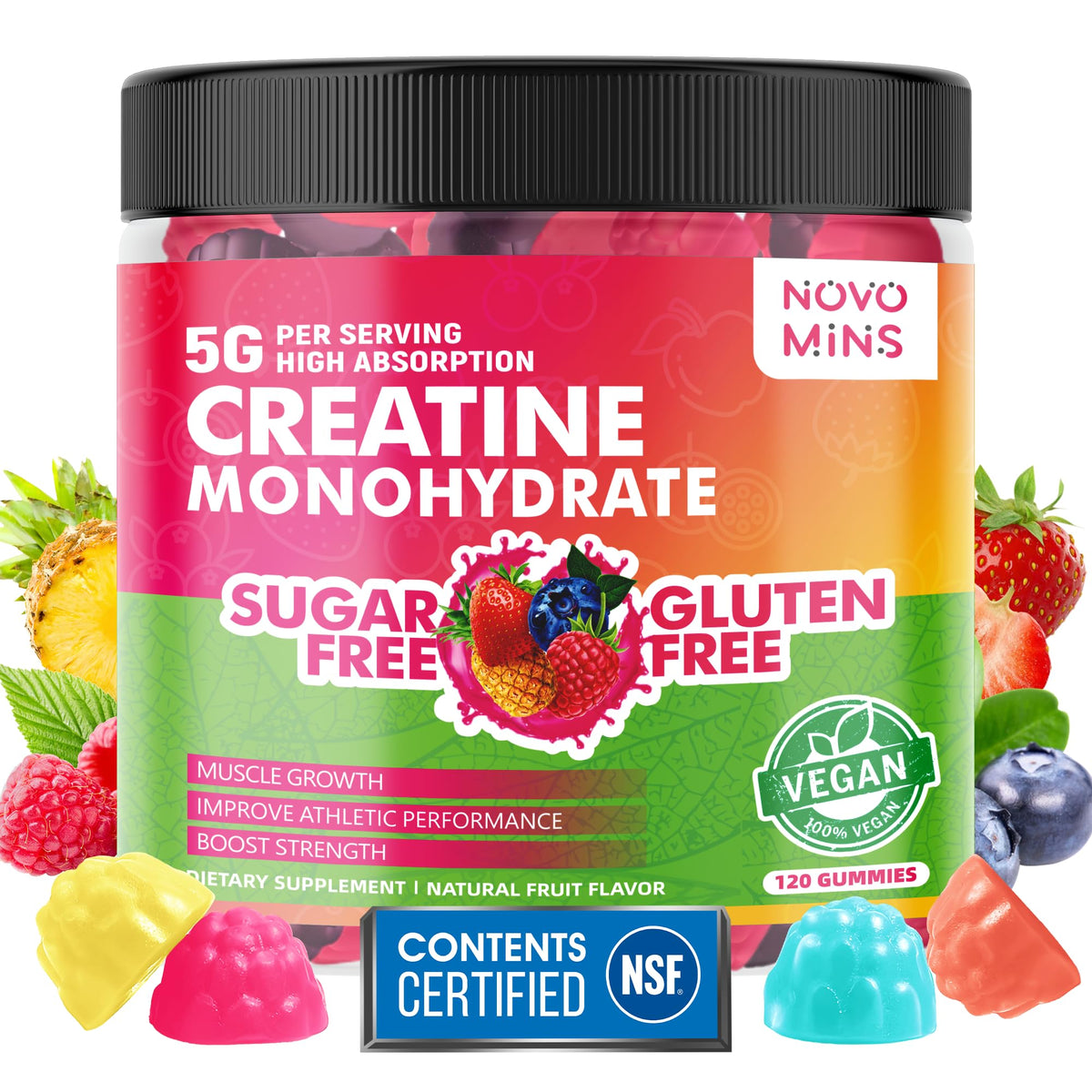 NSF Certified Creatine Gummy - Creatine Monohydrate Gummies 5000mg for Men & Women, Chewables Creatine Monohydrate for Muscle Strength, Muscle Builder, Energy Boost, Pre-Workout Supplement(120 Count) novominsBuy Supplements Australia
