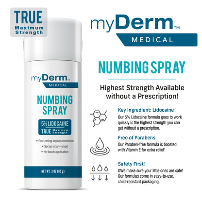 Myderm Medical Numbing Spray - 4.5oz - Maximum Strength 5% Lidocaine with Phenylephrine HCl and Witch Hazel - Fast-Acting Reliever with A Touch-Free Application - First Aid Supplies - Made in USA MydermBuy Supplements Australia