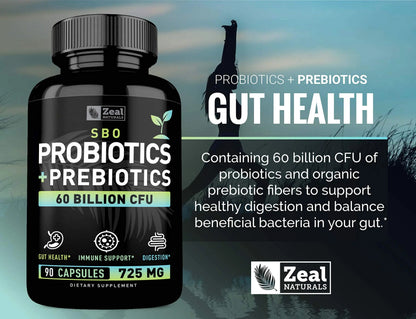 Probiotics and Prebiotics + SBO Probiotics (60 Billion CFU | 90 Capsules) Acidophilus Probiotic w. Saccharomyces Boulardii, Bifidobacterium + Spore Probiotic & Organic Sprouted Prebiotic Fiber Blend Zeal NaturalsBuy Supplements Australia