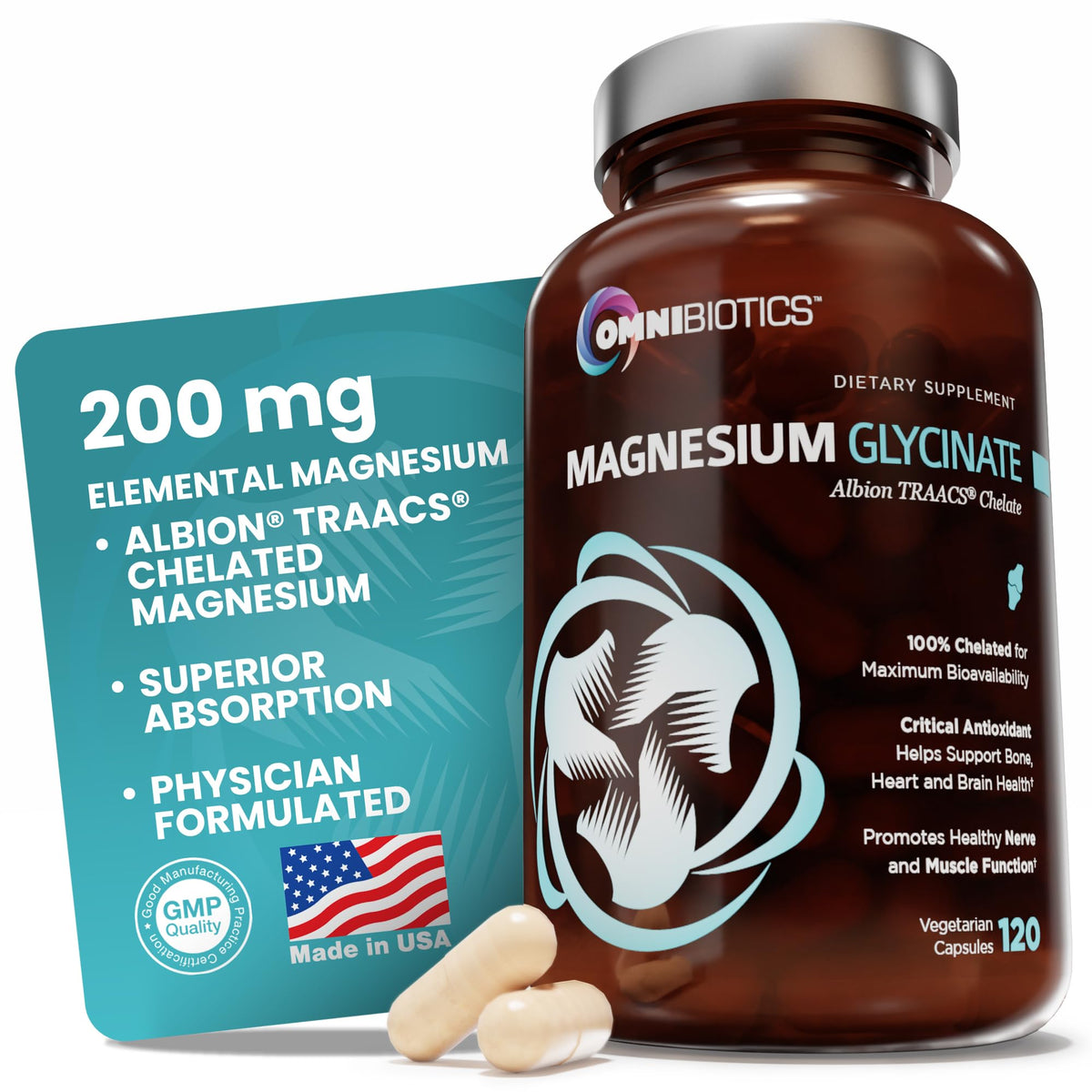 OmniBiotics Magnesium Glycinate Supplement – with 100% Pure Albion TRAACS Bisglycinate Chelate for Sleep, Muscle