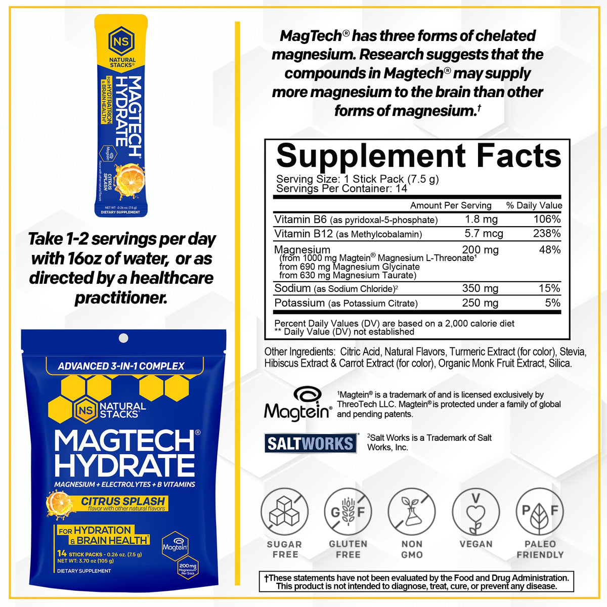 MagTech Magnesium Hydrate Packets - Sugar Free Hydration Powder - Magtein Magnesium L-Threonate, Glycinate & Taurate - 200mg Chelated Triple Complex - Supports Hydration & Brain Health* - 14 Servings NATURAL STACKSBuy Supplements Australia