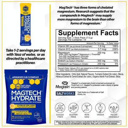 MagTech Magnesium Hydrate Packets - Sugar Free Hydration Powder - Magtein Magnesium L-Threonate, Glycinate & Taurate - 200mg Chelated Triple Complex - Supports Hydration & Brain Health* - 14 Servings NATURAL STACKSBuy Supplements Australia