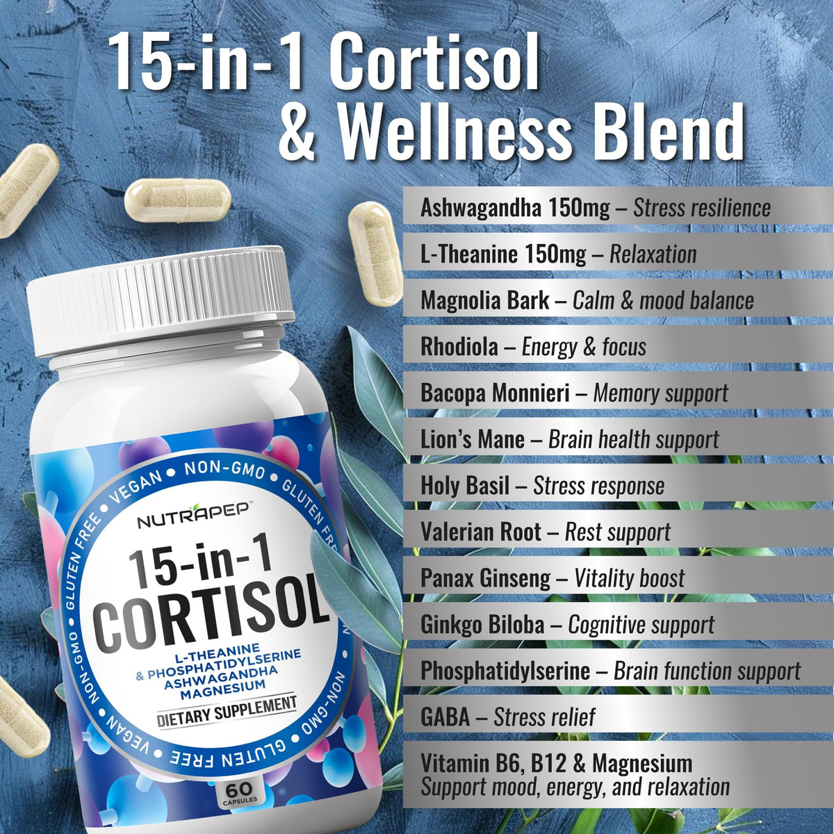 NutraPep Cortisol Detox Supplement Men Women - Reduce Lower Cortisol High Cortisol Reducer Blocker Control - Supports Stress Mood Rest Adrenal Calm Relax with Ashwagandha L-Theanine Magnesium NutraPepBuy Supplements Australia