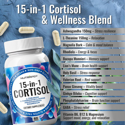 NutraPep Cortisol Detox Supplement Men Women - Reduce Lower Cortisol High Cortisol Reducer Blocker Control - Supports Stress Mood Rest Adrenal Calm Relax with Ashwagandha L-Theanine Magnesium NutraPepBuy Supplements Australia