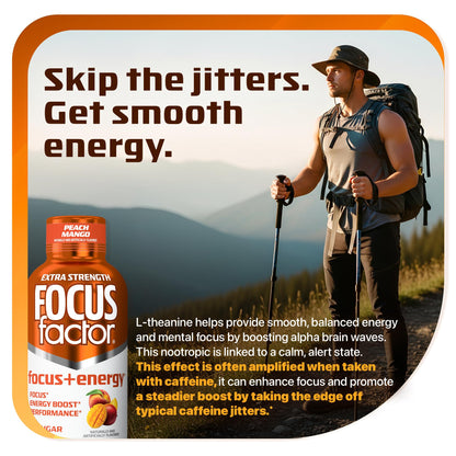 Focus Factor Extra Strength Focus + Energy Shots - 12 x 2oz Bottles (Peach Mango Flavor) - Powered by Nootropics with Caffeine, L-Theanine, Ginkgo, Bacopa, L-Tyrosine, Alpha GPC Focus FactorBuy Supplements Australia