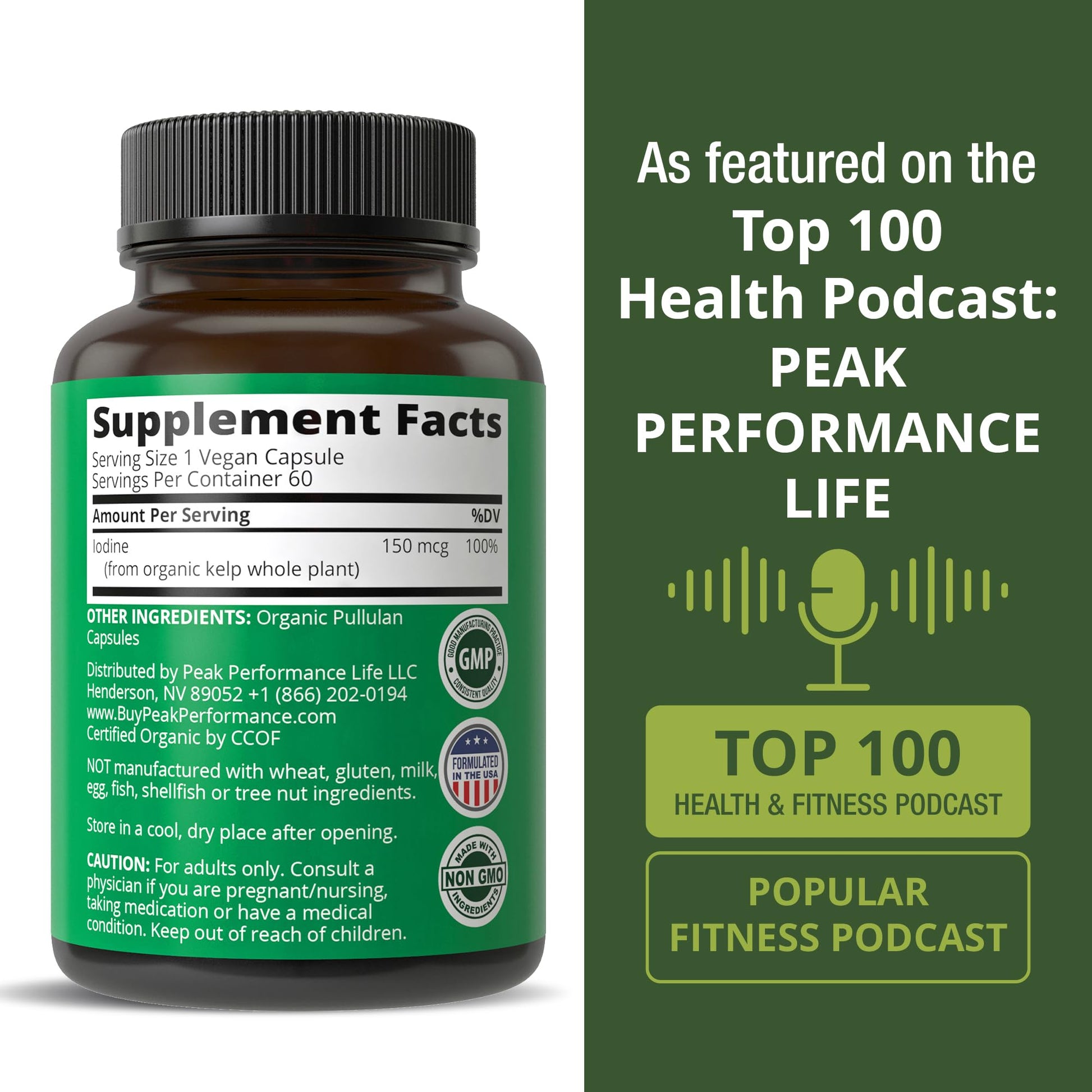 USDA Organic Raw Whole Food Iodine Supplement from Kelp (Ascophyllum Nodosum) - Potassium Iodide Tablets Alternative - for Thyroid, Energy, and Immune Support - 60 Vegan Capsules by Peak Performance Peak PerformanceBuy Supplements Australia