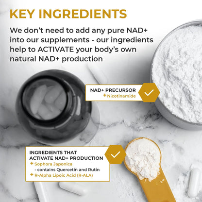 Nuchido Time+ NAD Supplement for Men & Women - Advanced Formula for Healthy Aging, Energy, Focus, Cellular Health & Longevity - Nicotinamide, Alpha Lipoic Acid, Quercetin - 90 Capsules Nuchido Time+Buy Supplements Australia