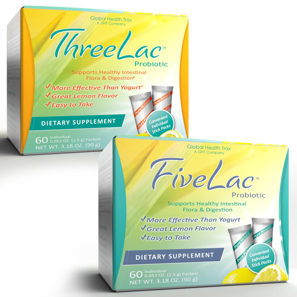 Global Health Trax GHT - FiveLac + Threelac Lemon Probiotic Powder Drink Mix, Probiotics for Women, Men, Kids, Smooth Digestive Support & Elimination, Relieves Constipation & Gas - 60 Packets, Non-GMO ght Global Health TraxBuy Supplements Australia