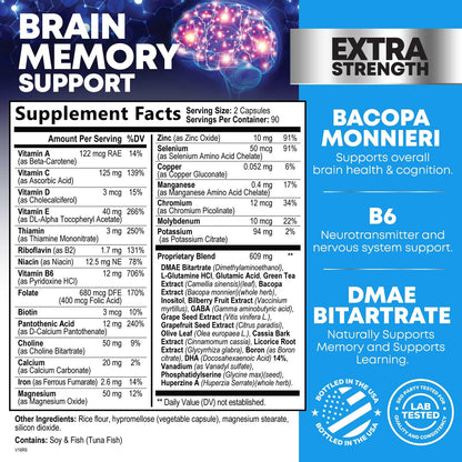 Brain Memory Supplement Pills - 3X Strength Nootropics for Concentration, Clarity & Focus Support - Brain Health Cognitive Vitamins with Bacopa, Phosphatidylserine & DMAE, Brain Booster - 180 Capsules Nature's NutritionBuy Supplements Australia